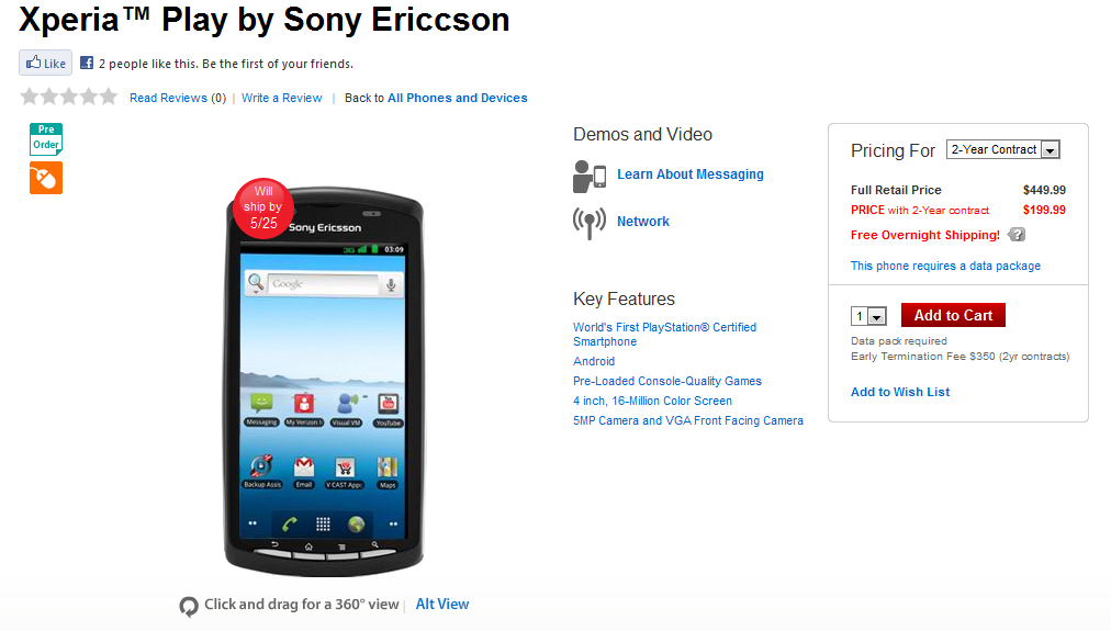 Sony Ericsson Xperia Play Now Available For Pre Order From Verizon