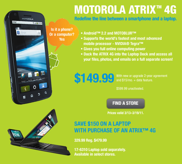 AT&T's Motorola Atrix 4G Now On Sale - $149.99 At RadioShack And Amazon ...