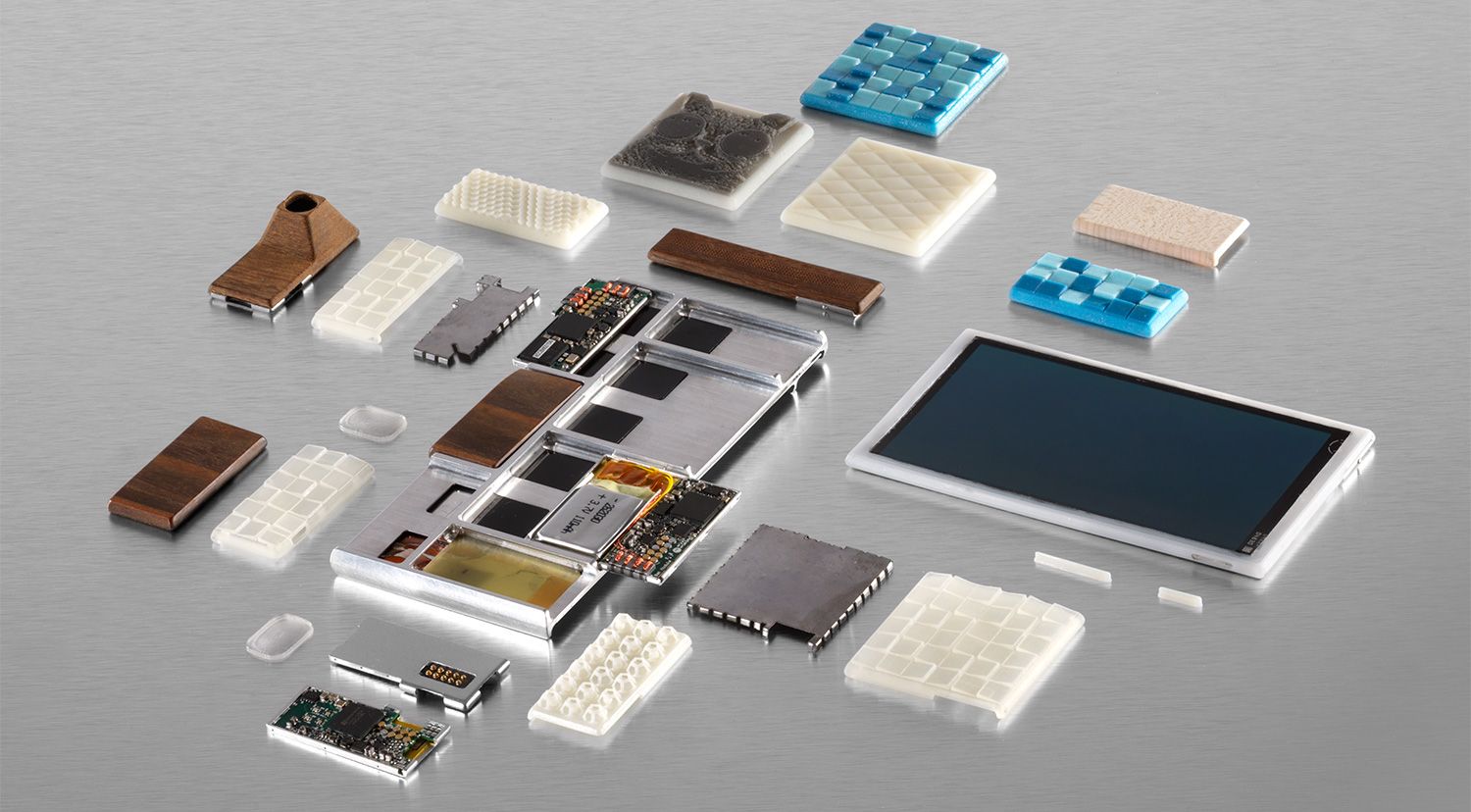 An exploded view of a Project Ara smartphone concept