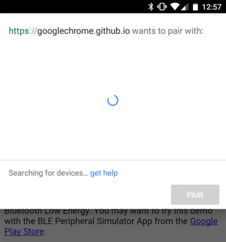 Chrome searching for nearby Bluetooth devices.