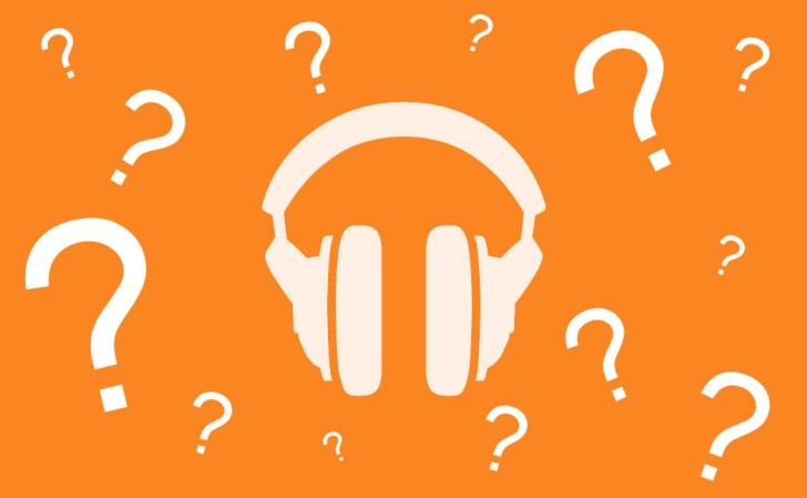 An orange background with a white vector image of headphones in the center surrounded by white question marks.