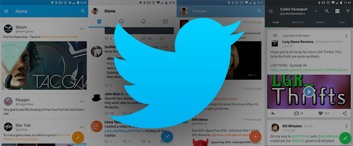 The Twitter logo on top of several screenshots of Twitter feeds