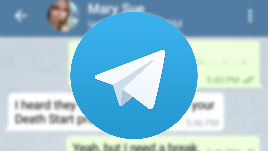 The Telegram logo against a blurred chat conversation