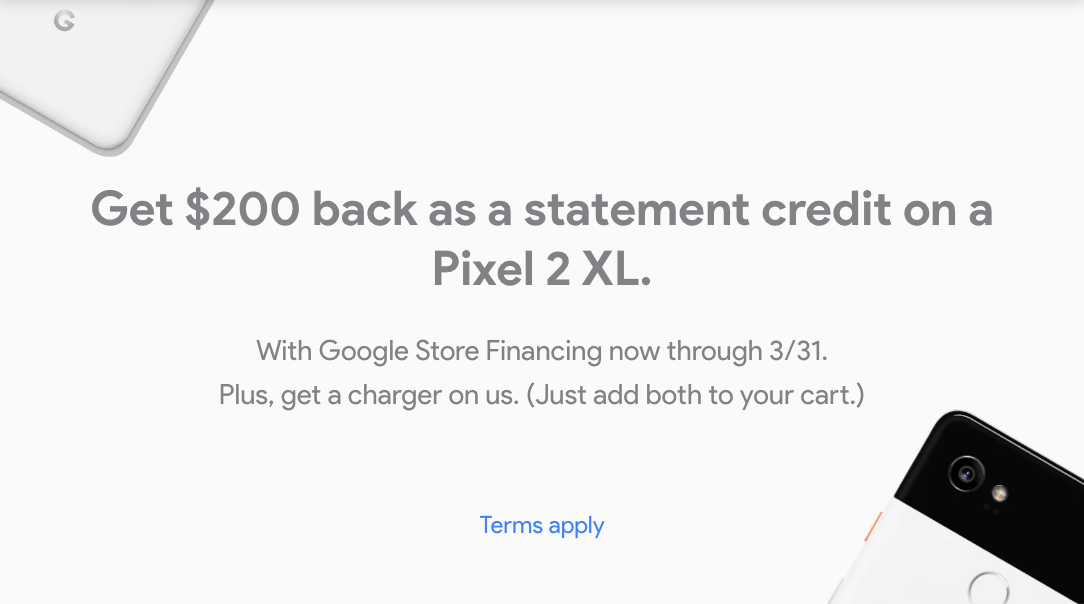 [Deal Alert] Pixel 2 XL now offered with 200 statement credit via Google Store Financing, free