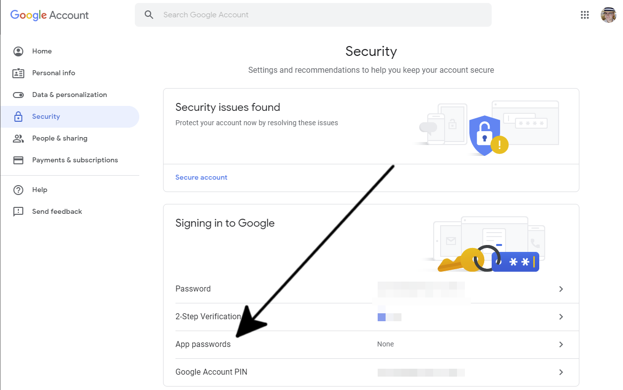 Screenshot shows an arrow pointing to the 'App passwords' option under the Security tab in Google Account settings.