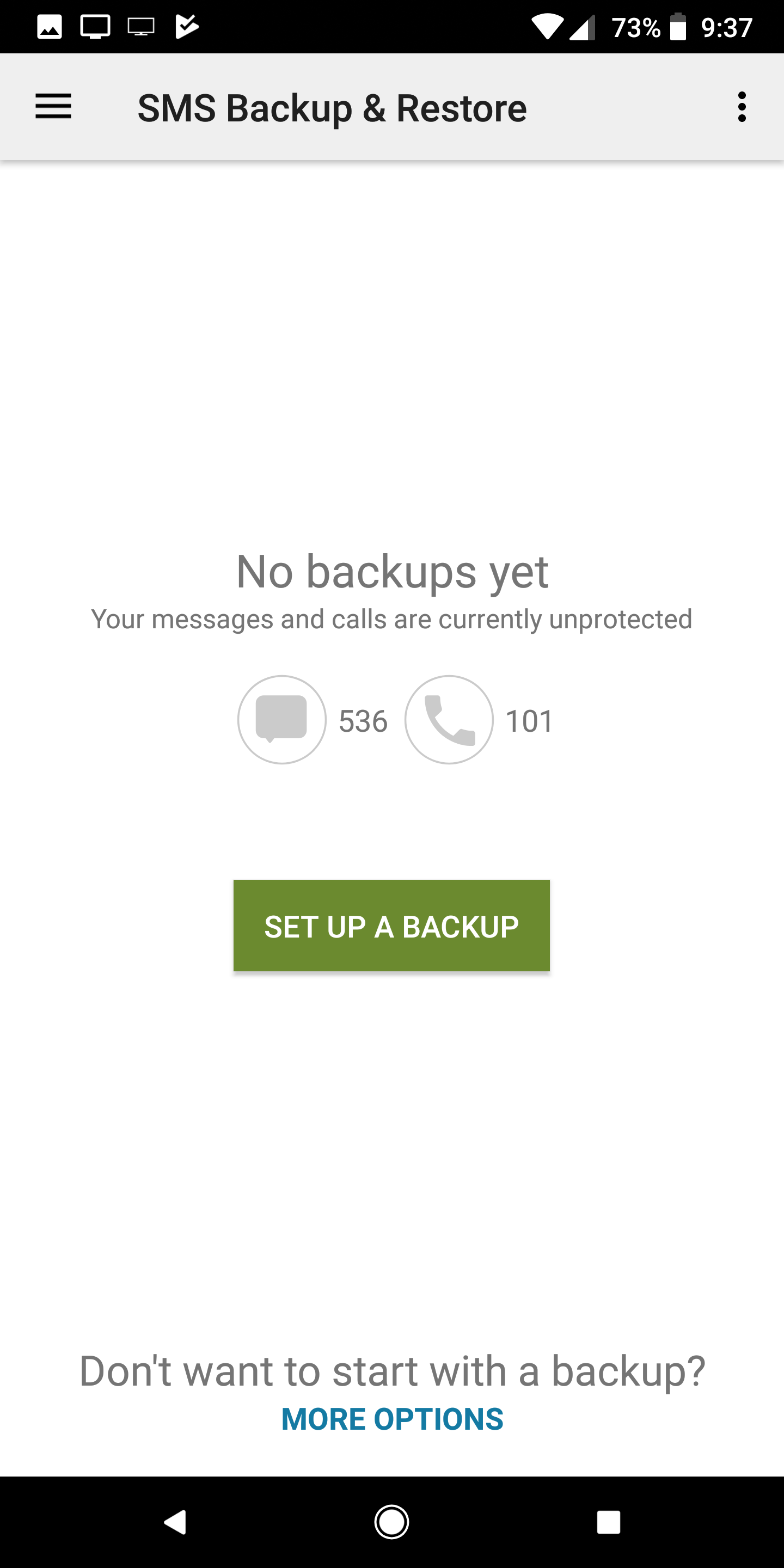 Screenshot shows the 'SET UP A BACKUP' option in SMS Backup & Restore.