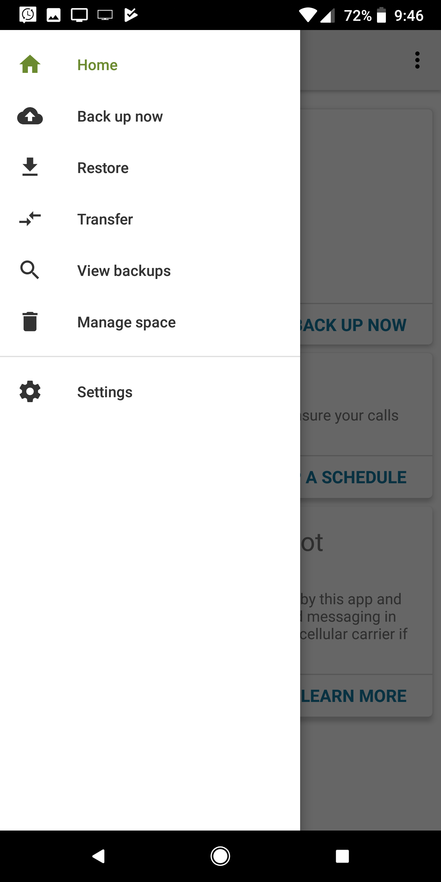 Screenshot shows menu options for SMS Backup & Restore.