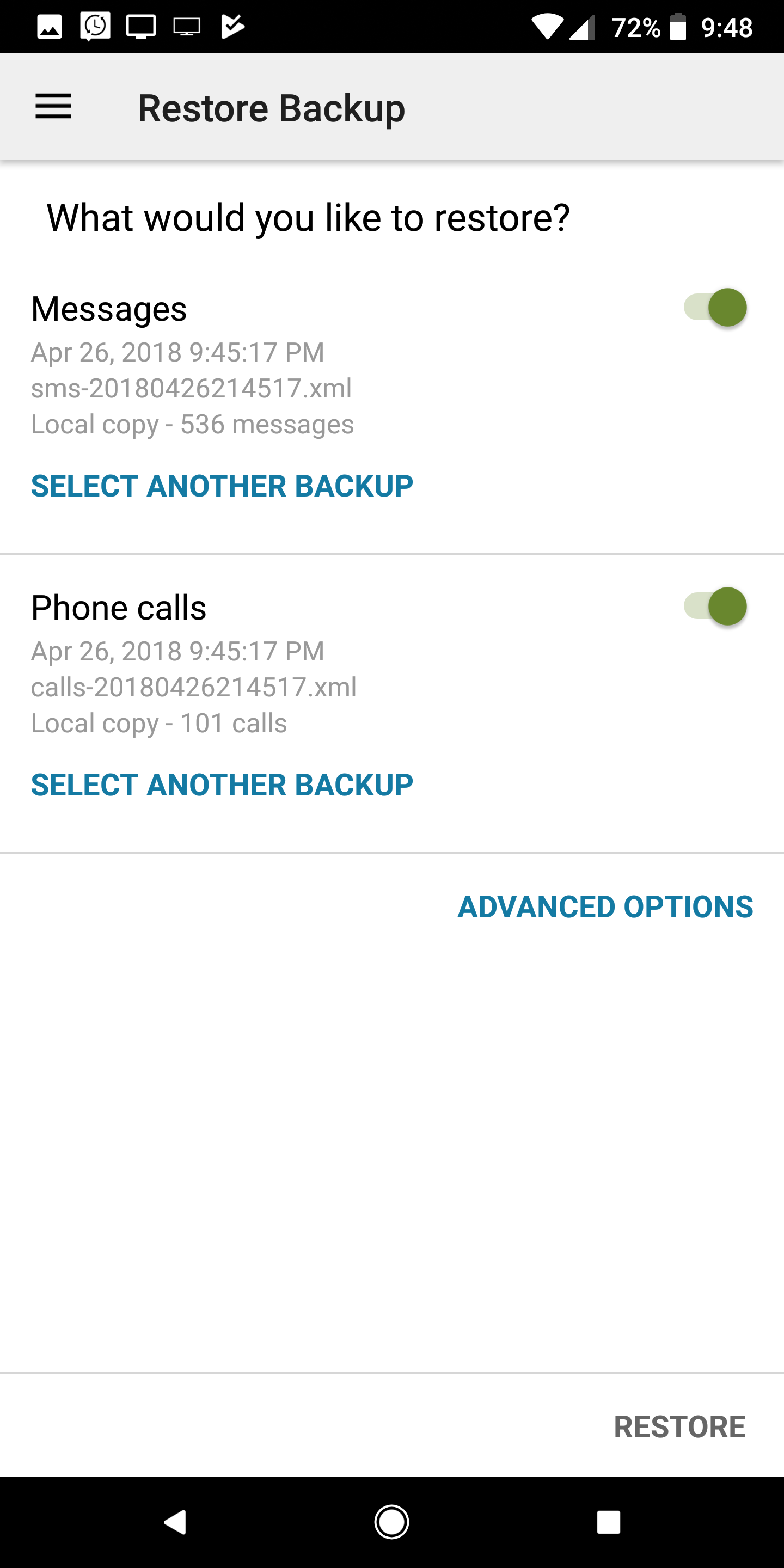 Screenshot shows restore options under Restore Backup.