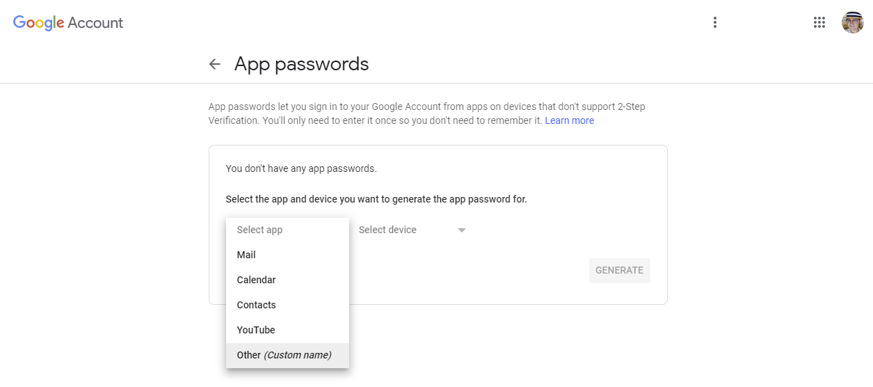 Screenshot shows the App passwords page where you can select which app you're generating a password for.