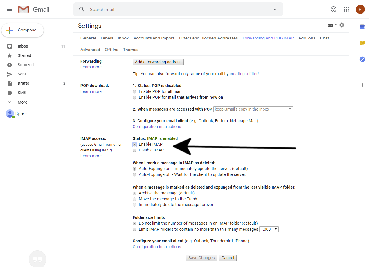 Screenshot shows the 'enable IMAP' option in Gmail settings.