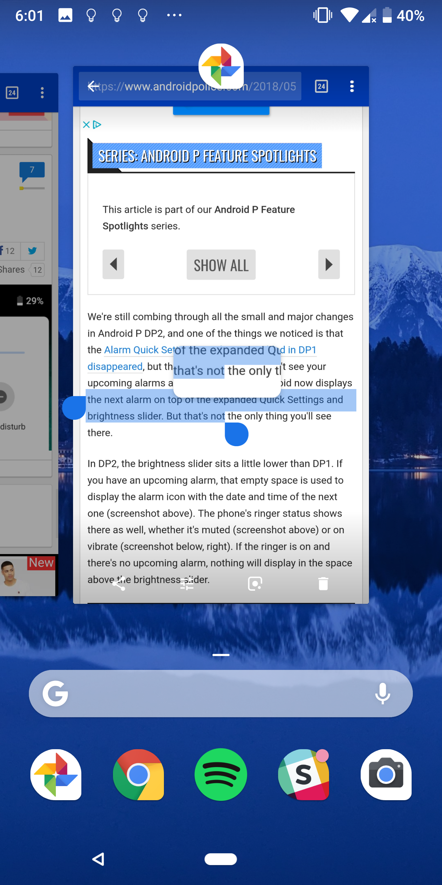 Android P's new Recents UI includes smart text selection, image sharing, and pulling text from