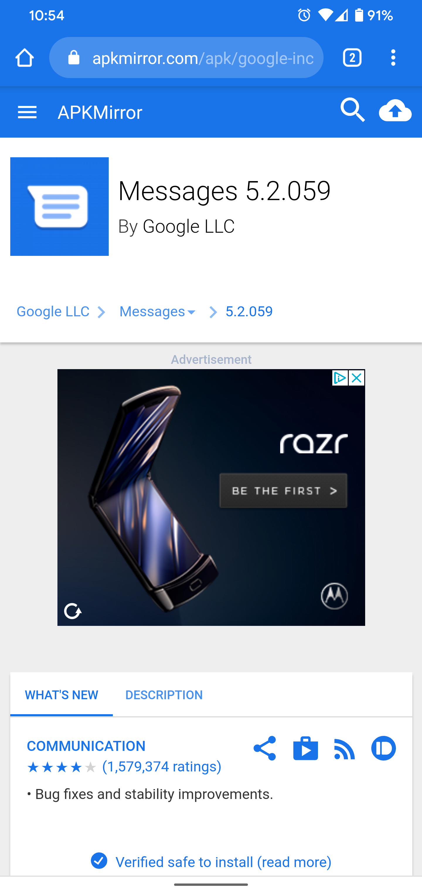 Screenshot of APK Mirror with Google Messages app listing