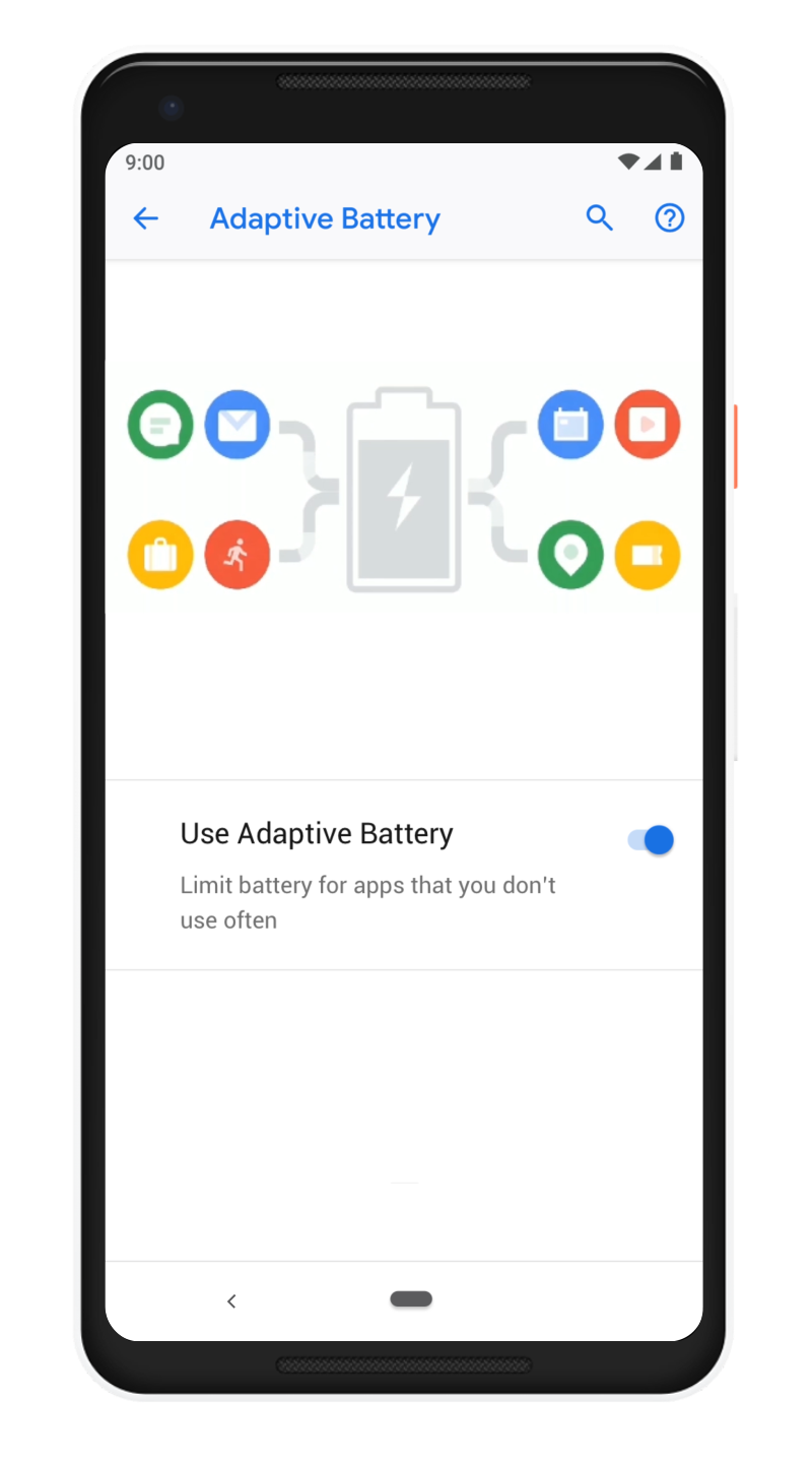 A mock up of the Adaptive Battery settings on a Google Pixel phone