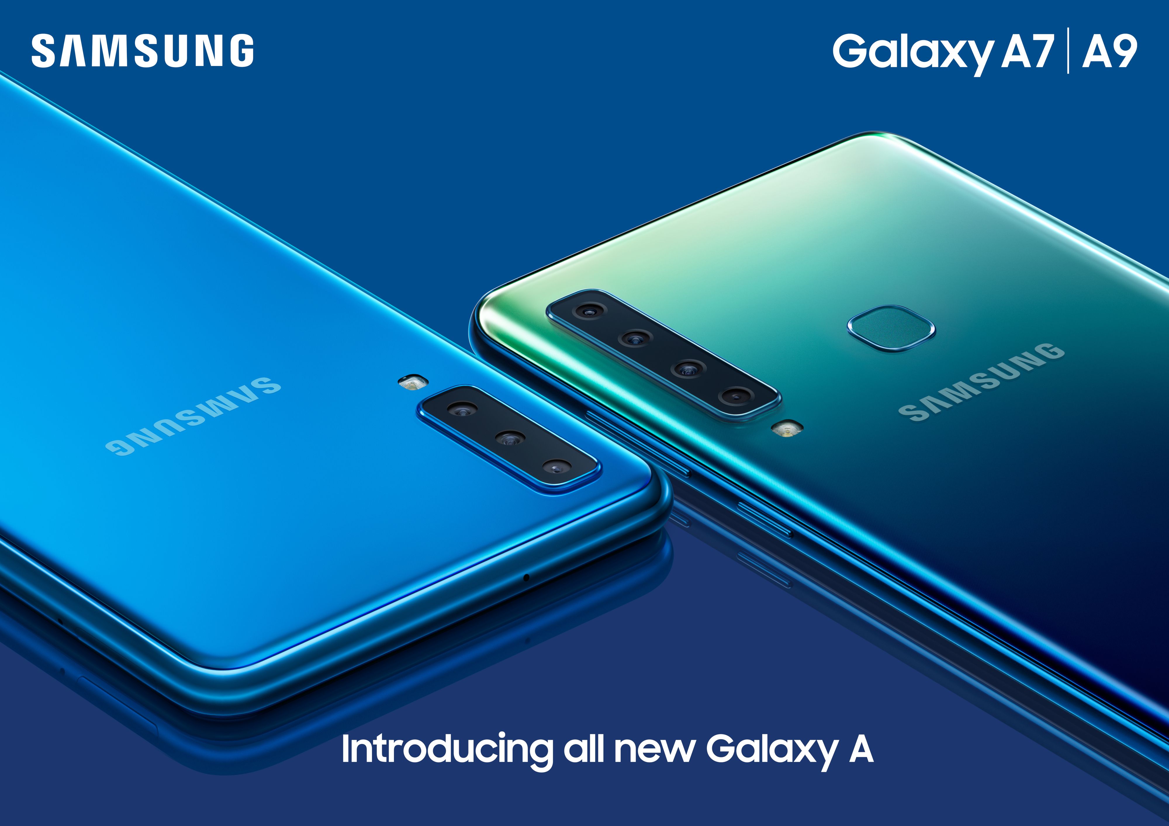 blue samsung galaxy a7 and green samsung galaxy a9 phones face down