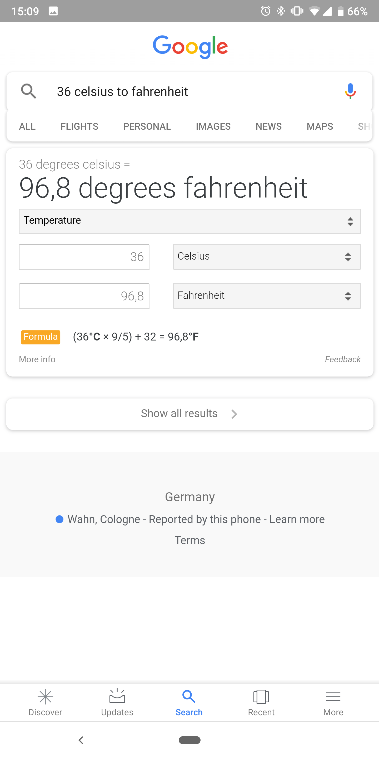 Google Search explains the formula for all its unit conversions