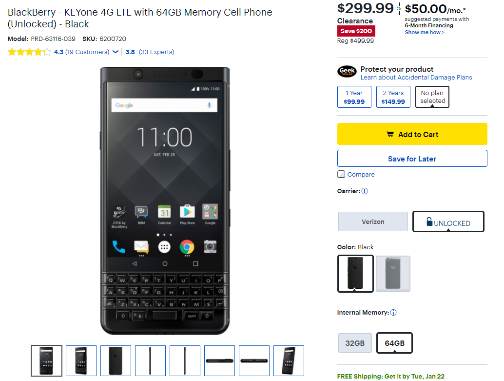 Best Buy has the BlackBerry KEYone on clearance sale for 300 (200 off)