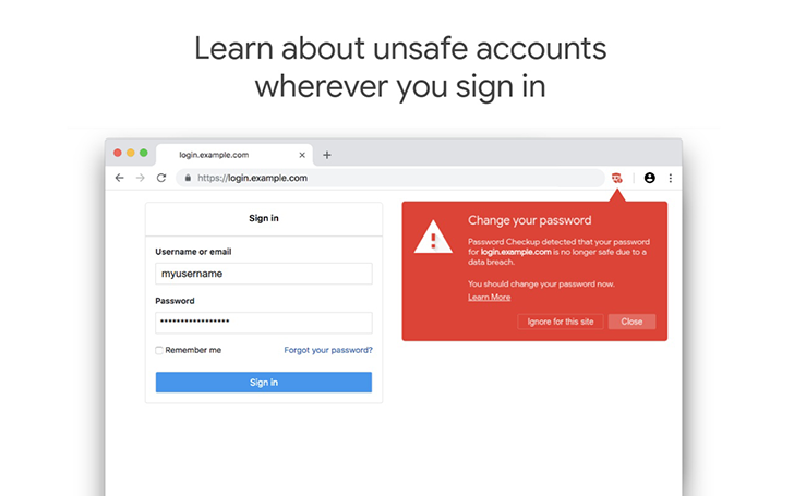 The chrome password protection extension is displayed
