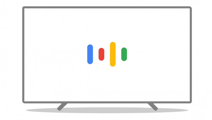Google Assistant's signature waveform colors in a stylized TV frame 