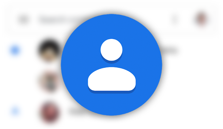 The Google Contacts logo on top of a blurred image of a contact list
