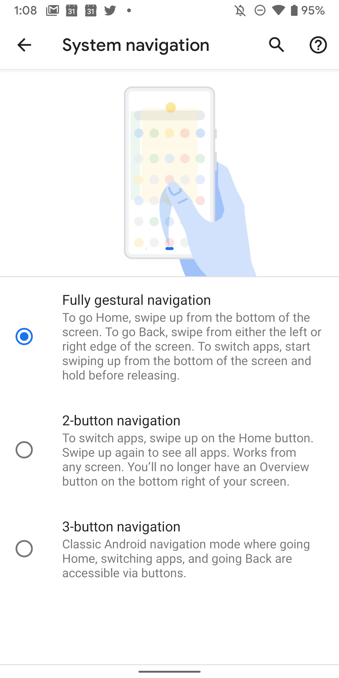 Android's system navigation menu with fully gestural navigation selected.