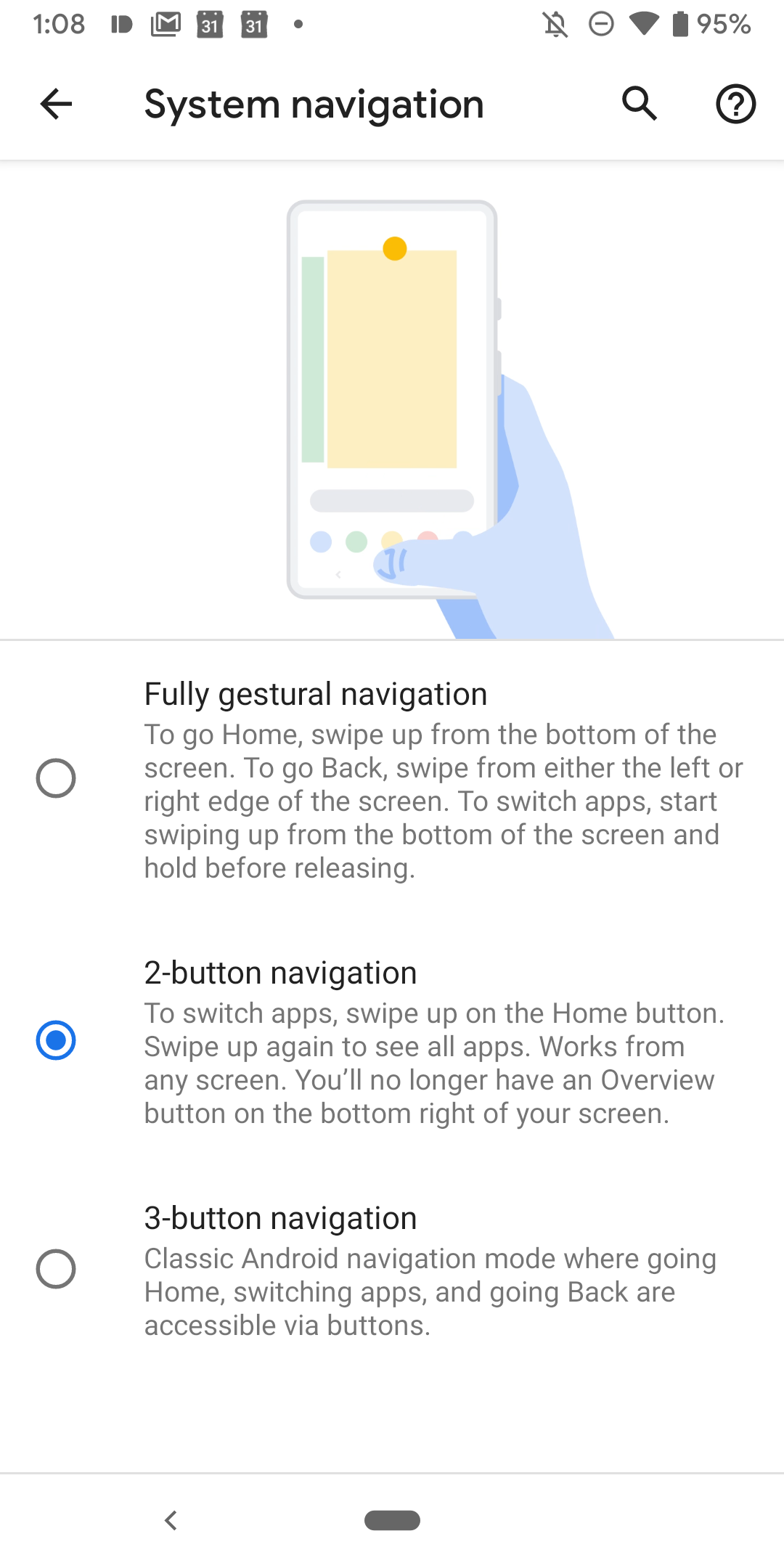Android's system navigation menu with two button navigation selected.