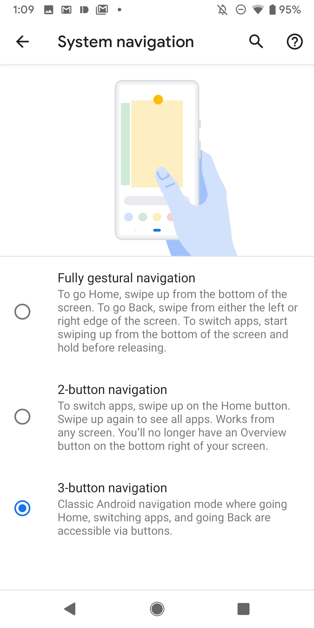 Android's system navigation menu with three button navigation selected.