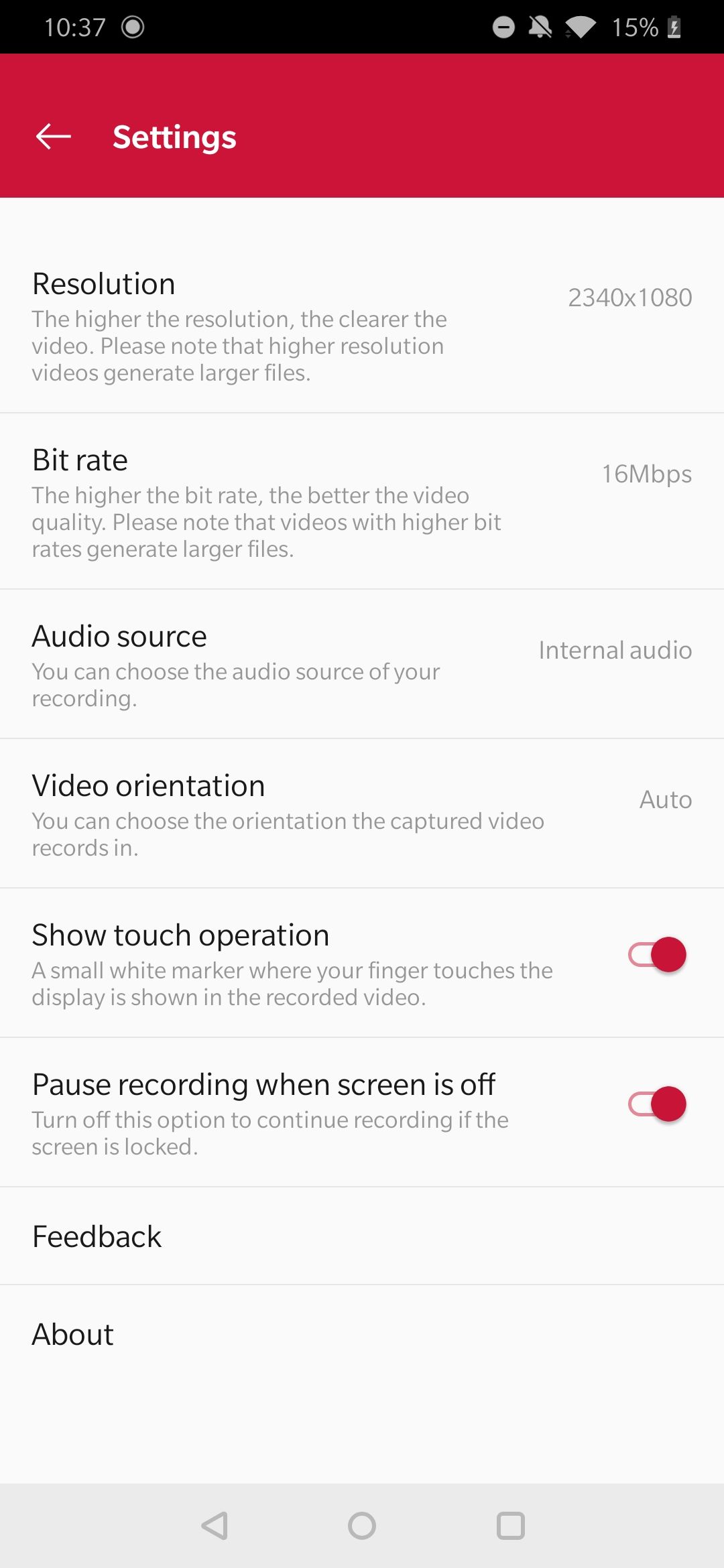 screenshot of settings menu on one plus device's screen recorder