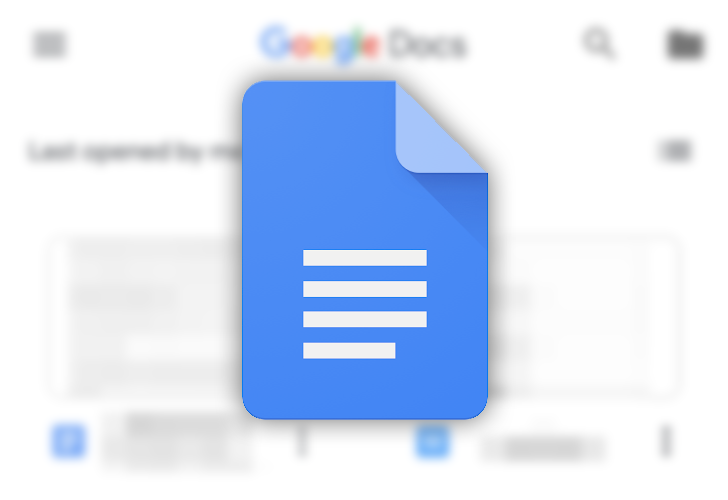 The Google Docs logo with a blurred image of the Google Docs homepage in the background