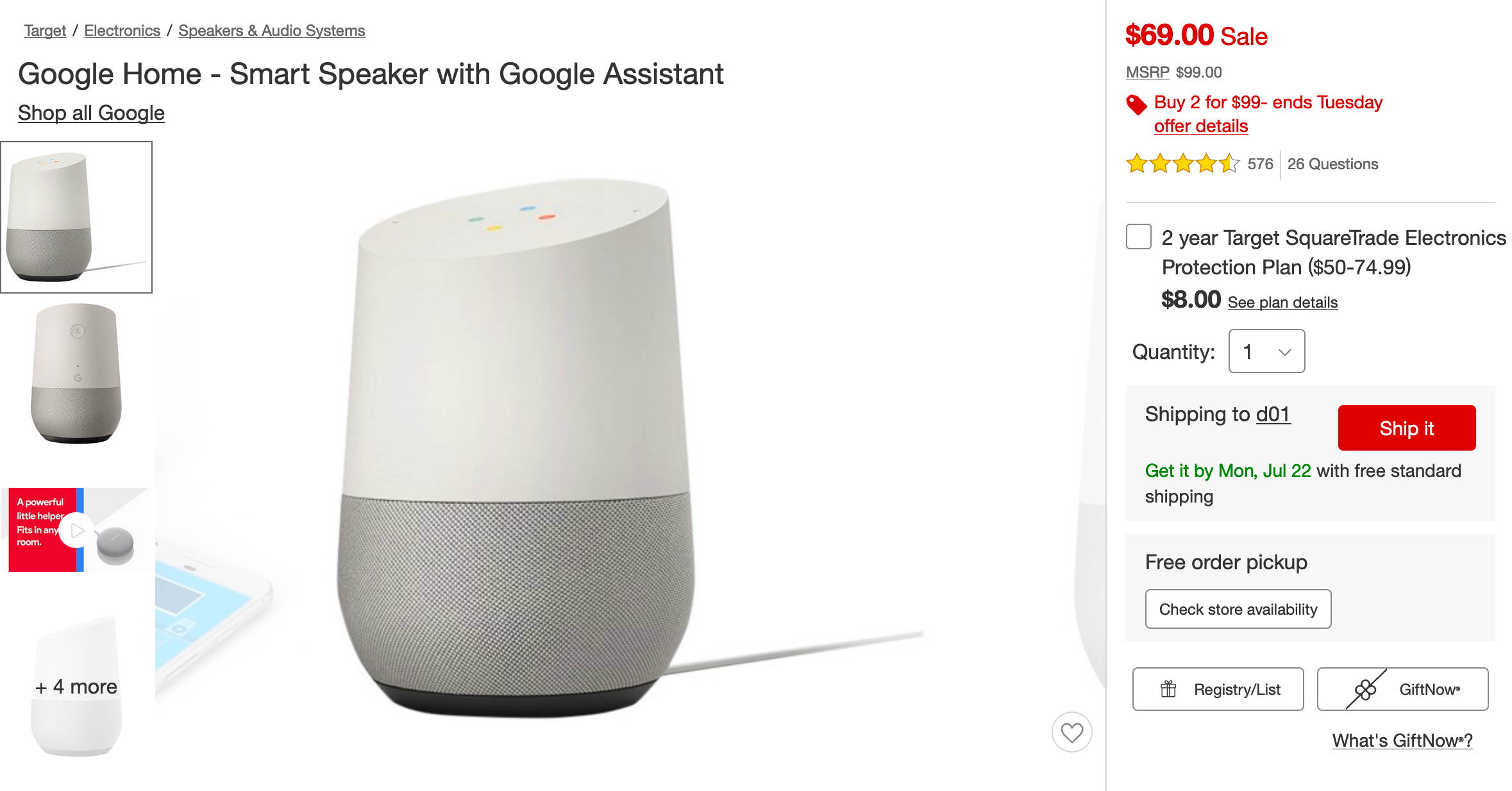 Get two Google Homes for 99 at Target and save a total of 40