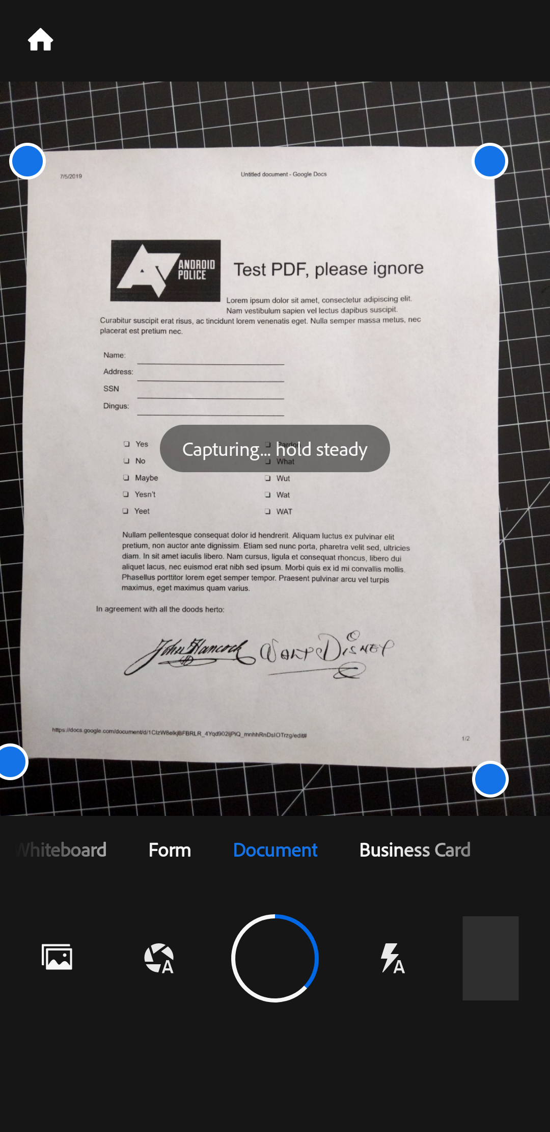 scanning app showing document on black background