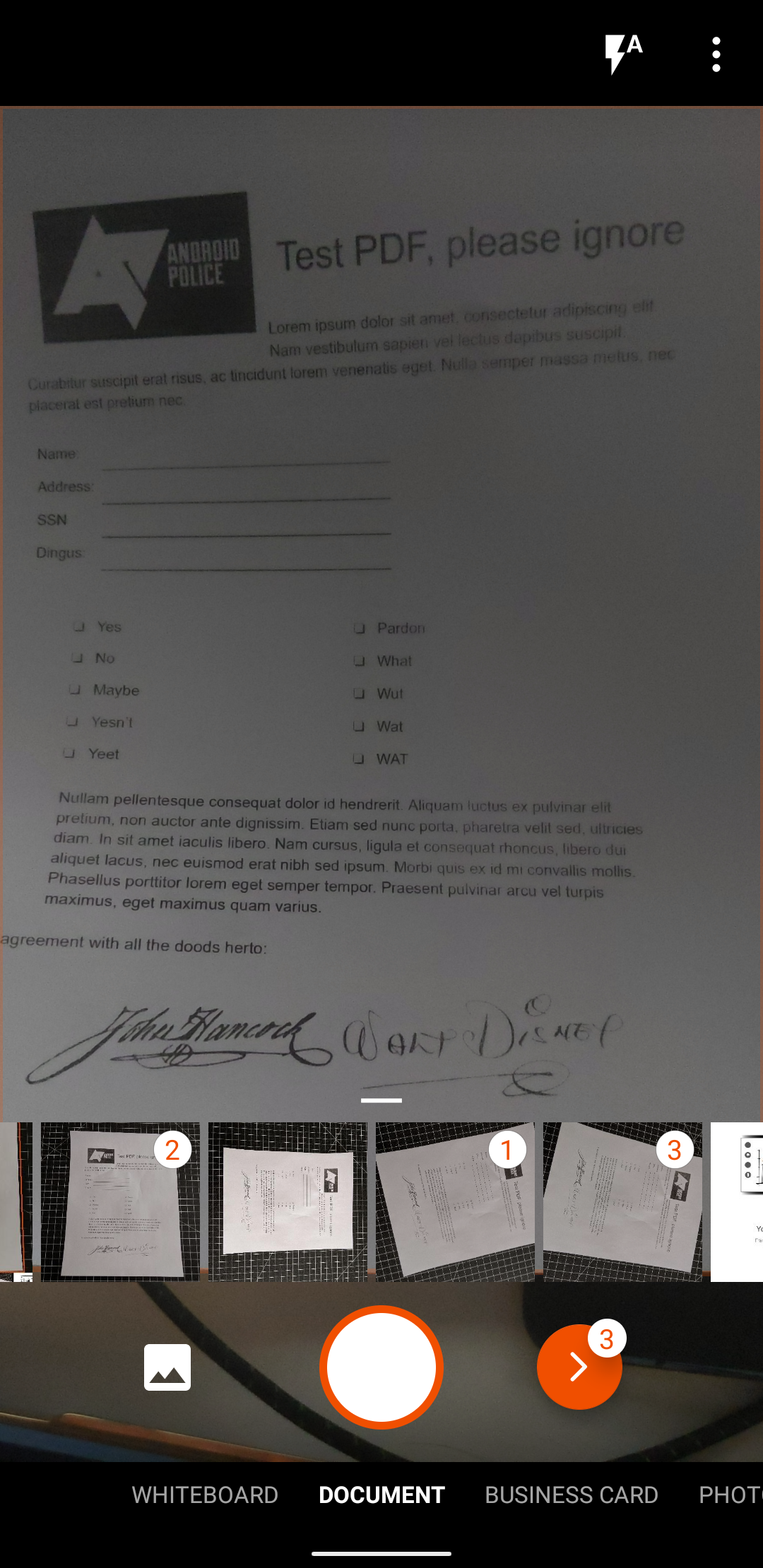 scanning app showing document resting on black table