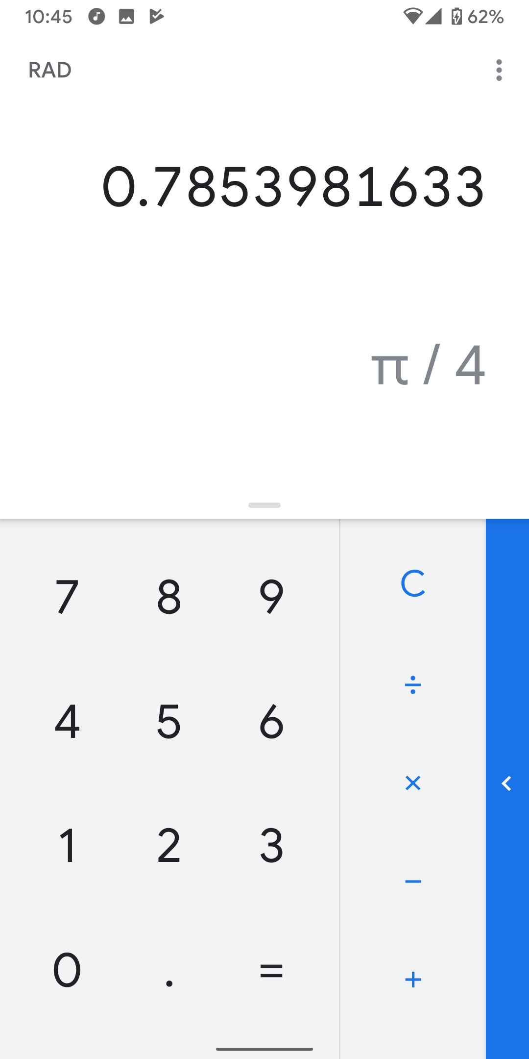 Google Calculator v22.22 displays fractions alongside decimal