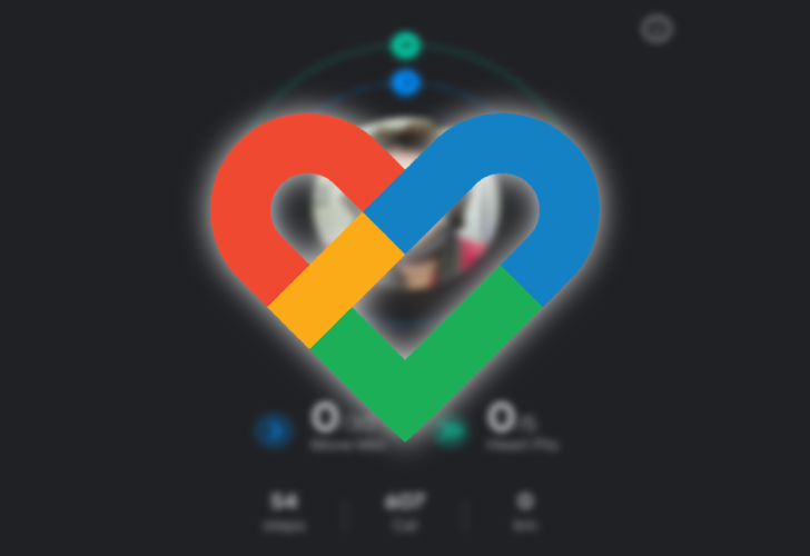 The Google Fit logo against a blurred image of the Fit screen.