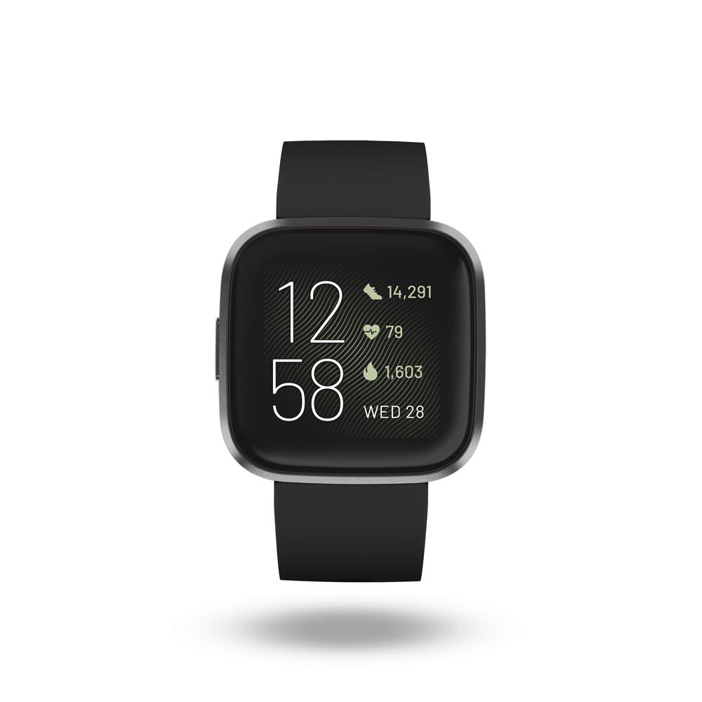 Product render of Fitbit Versa 2, entrance stare, in Murky and Carbon