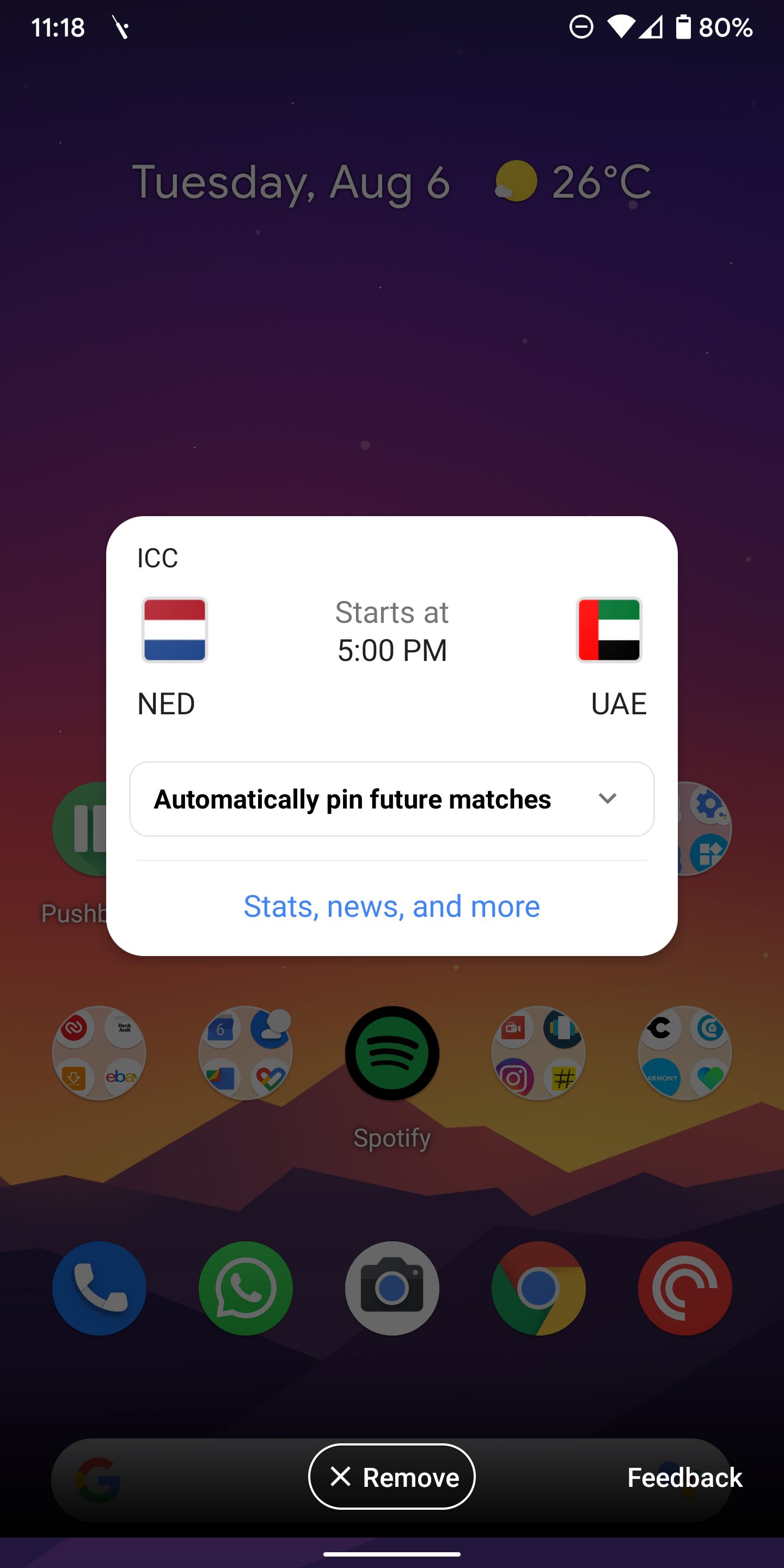 Google automatically pins live scores for your favorite team's future