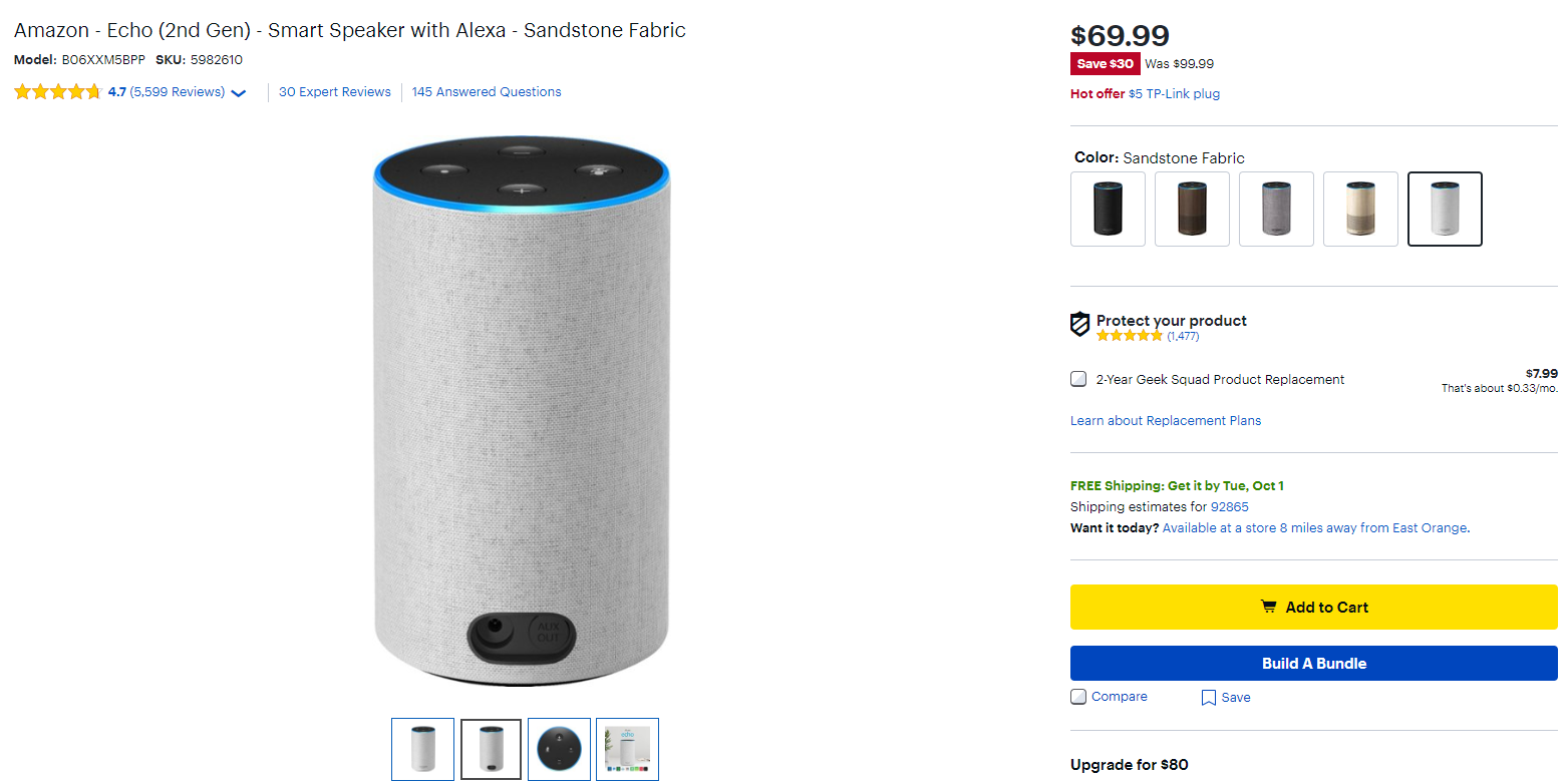 Echo (2nd Gen) Smart Speaker with Alexa Sandstone Fabric B06XXM5BPP  - Best Buy