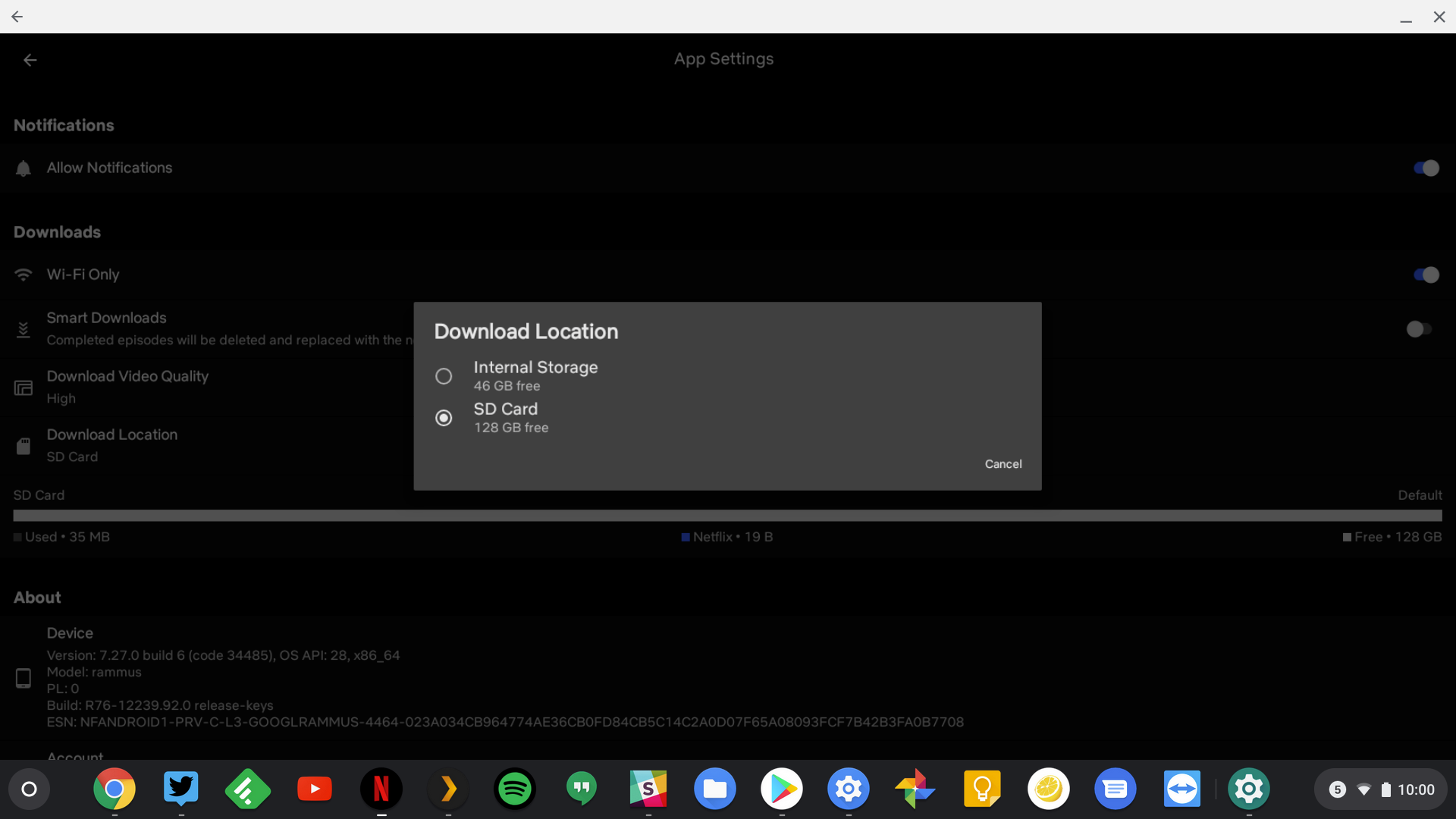 Netflix app showing sd card download location