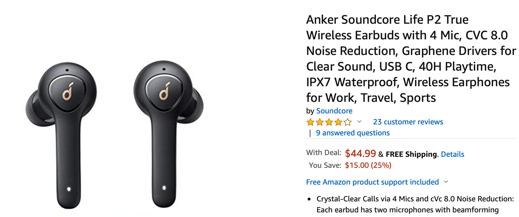 Anker soundcore life p2 true wireless earbuds discount headphones