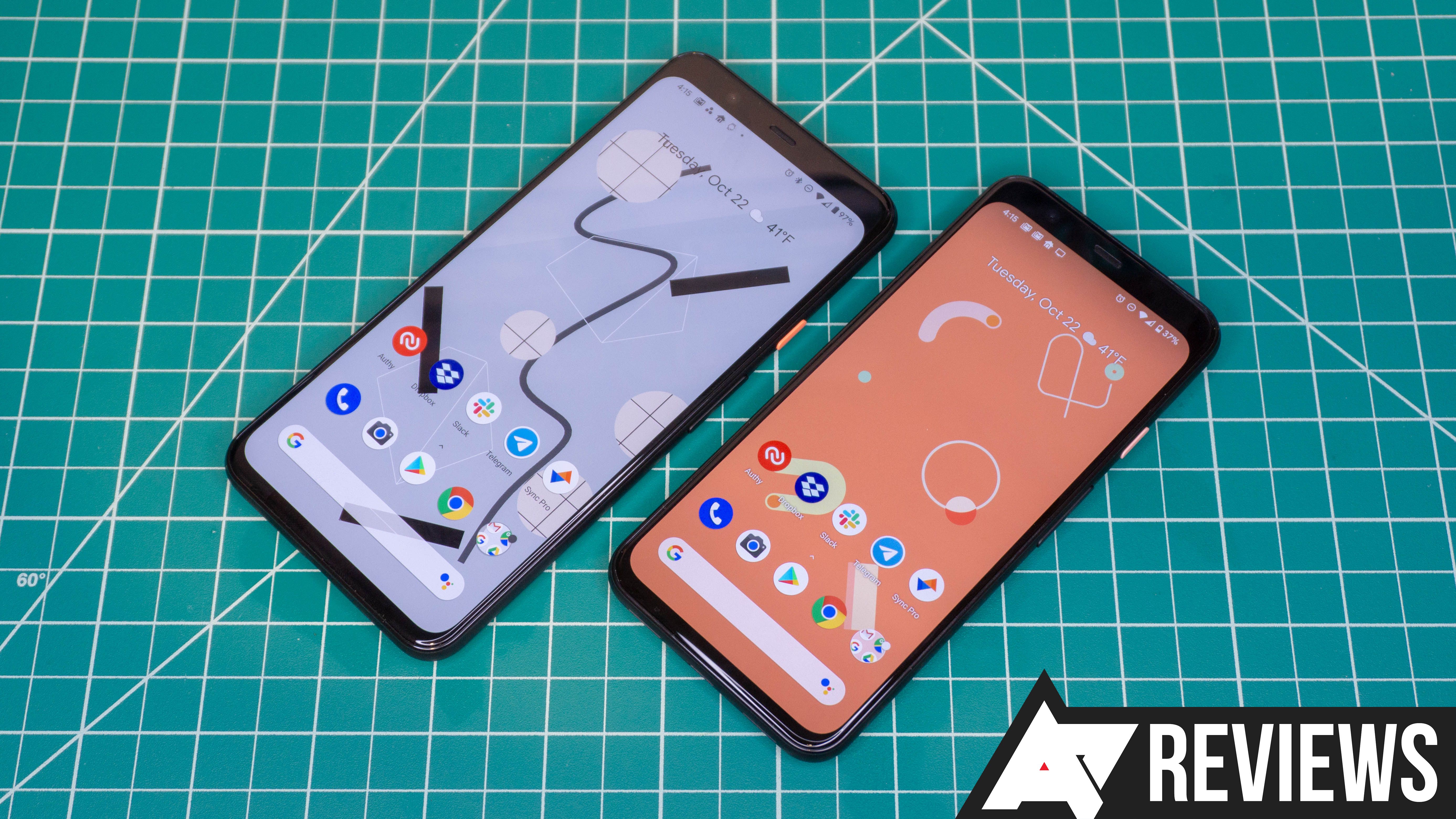 A Google Pixel 4 and 4 XL next to each other on a green grided mat