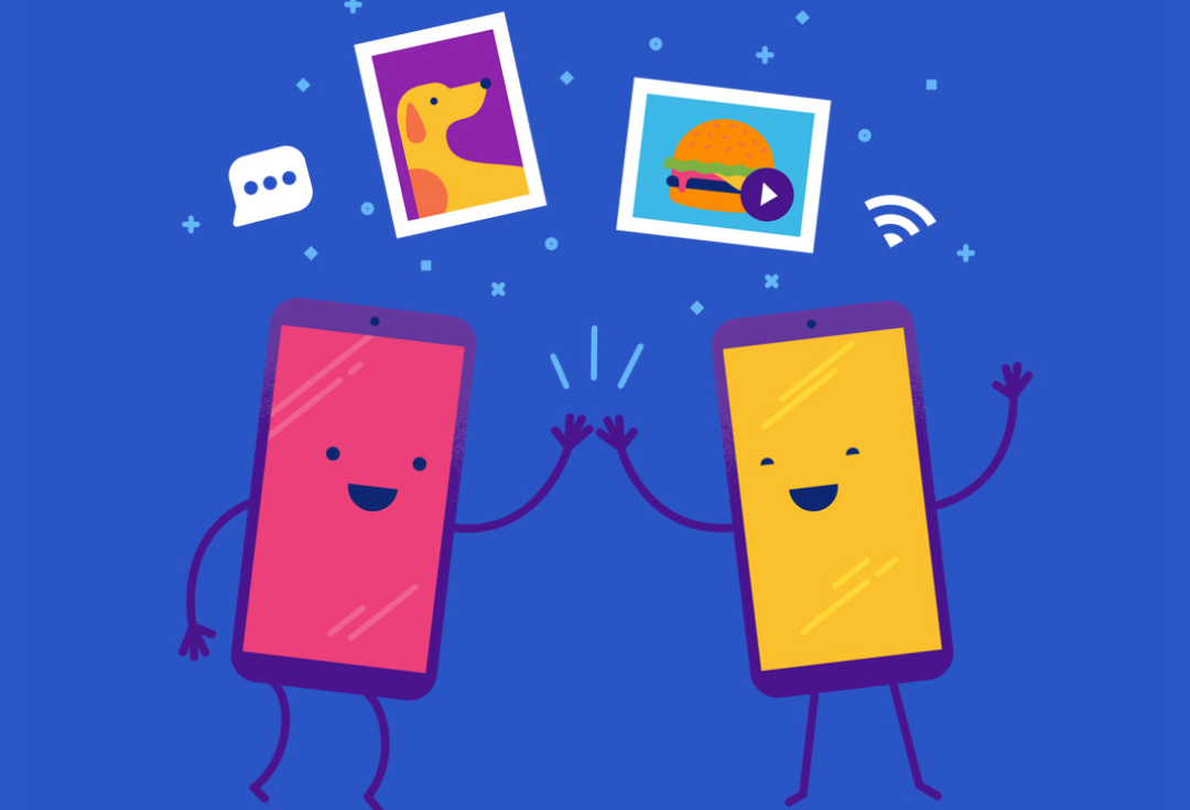 Two humanoid phones high fiving each other with RCS feature icons in the background