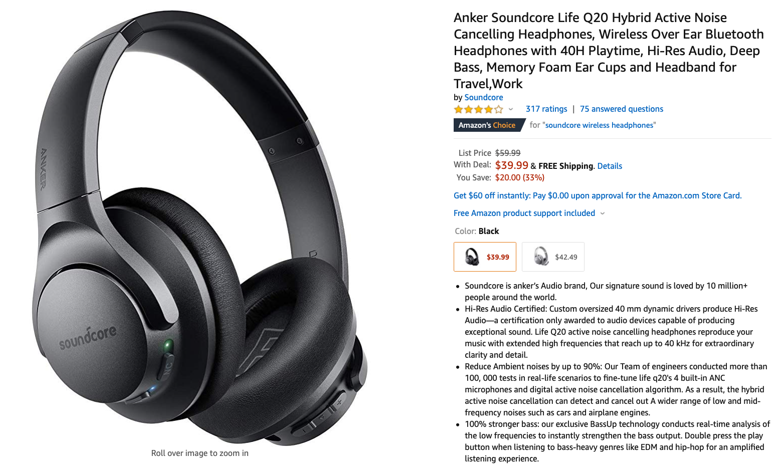 Anker Soundcore Life Q20 Hybrid Active Noise Cancelling Headphones,  Wireless Over Ear Bluetooth Headphones, 40H Playtime, Hi-Res Audio, Deep  Bass