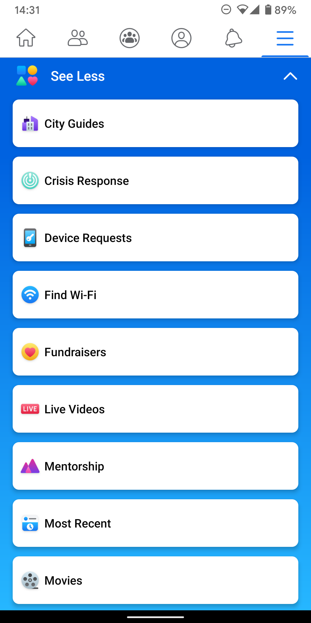 The Facebook app has a new, very blue menu