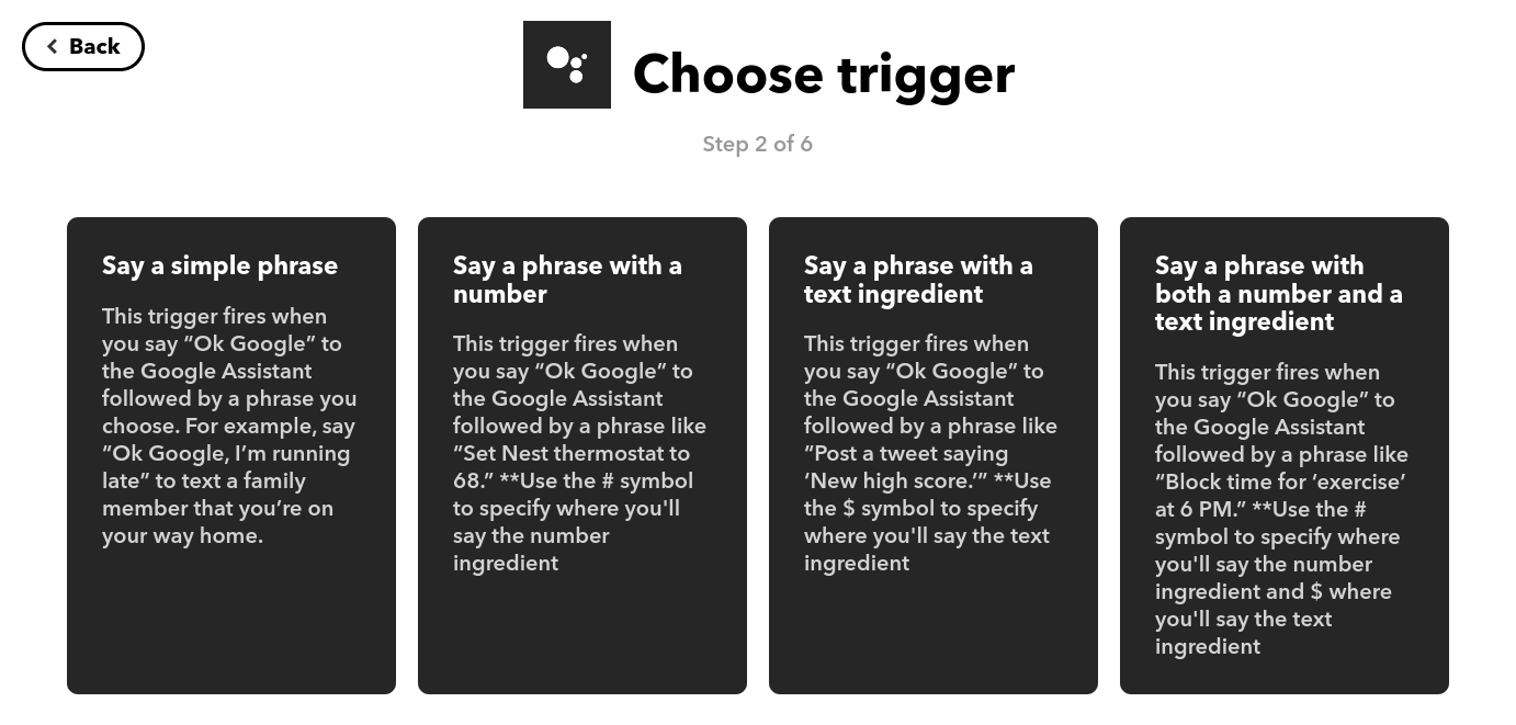 Screenshot shows a basic explanation of the IFTTT system. Subheadings read "Say a simple phrase, Say a phrase with a number, Say a phrase with a text ingredient, Say a phrase with both a number and a text ingredient."