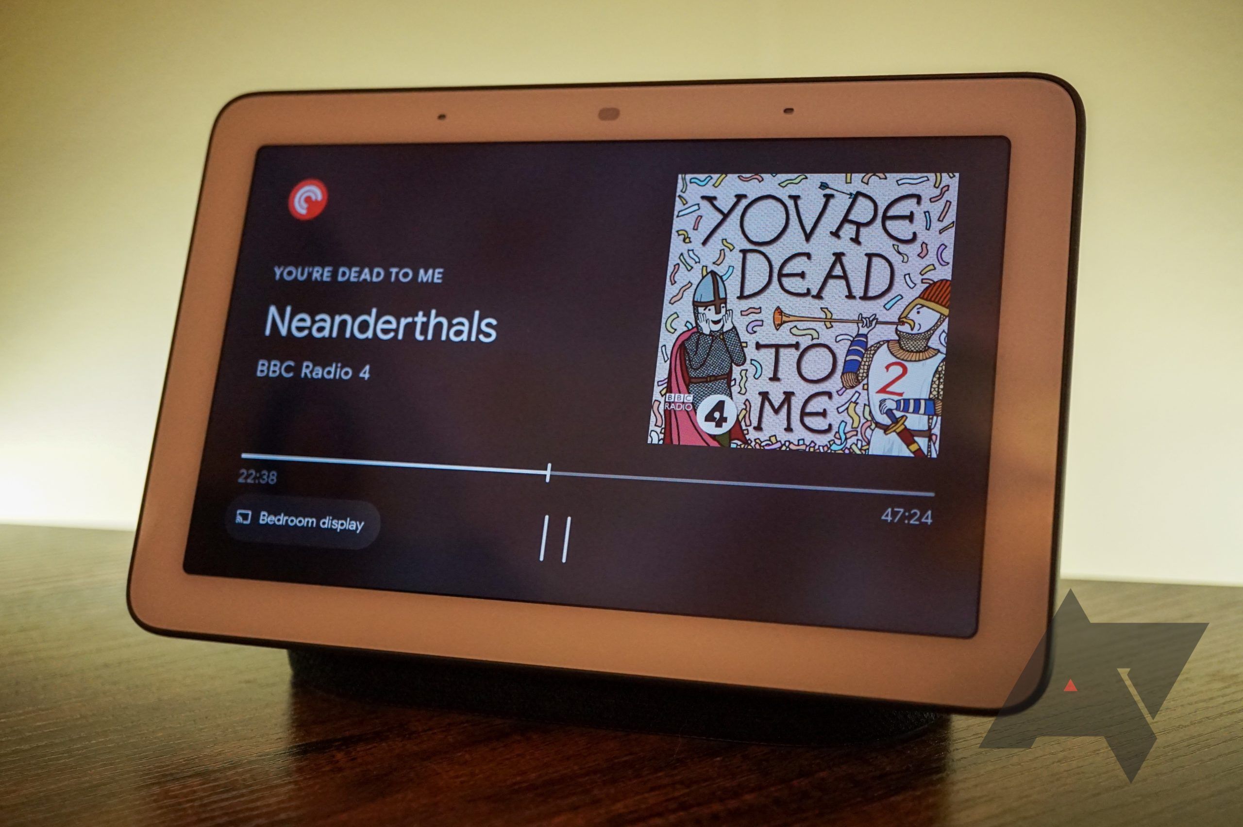 Screenshot shows a podcast streaming on a Nest Hub smart display.
