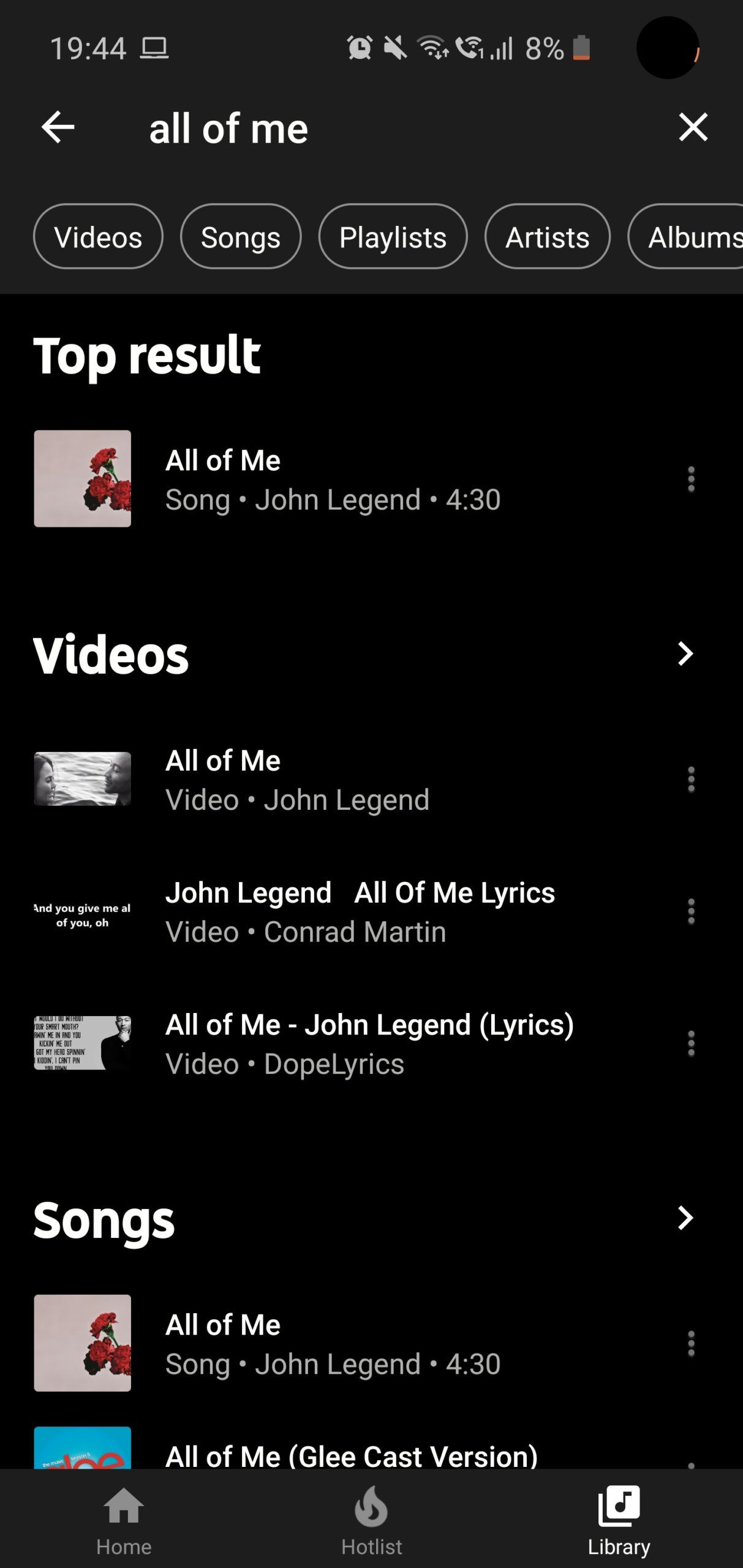 Search results in YouTube Music