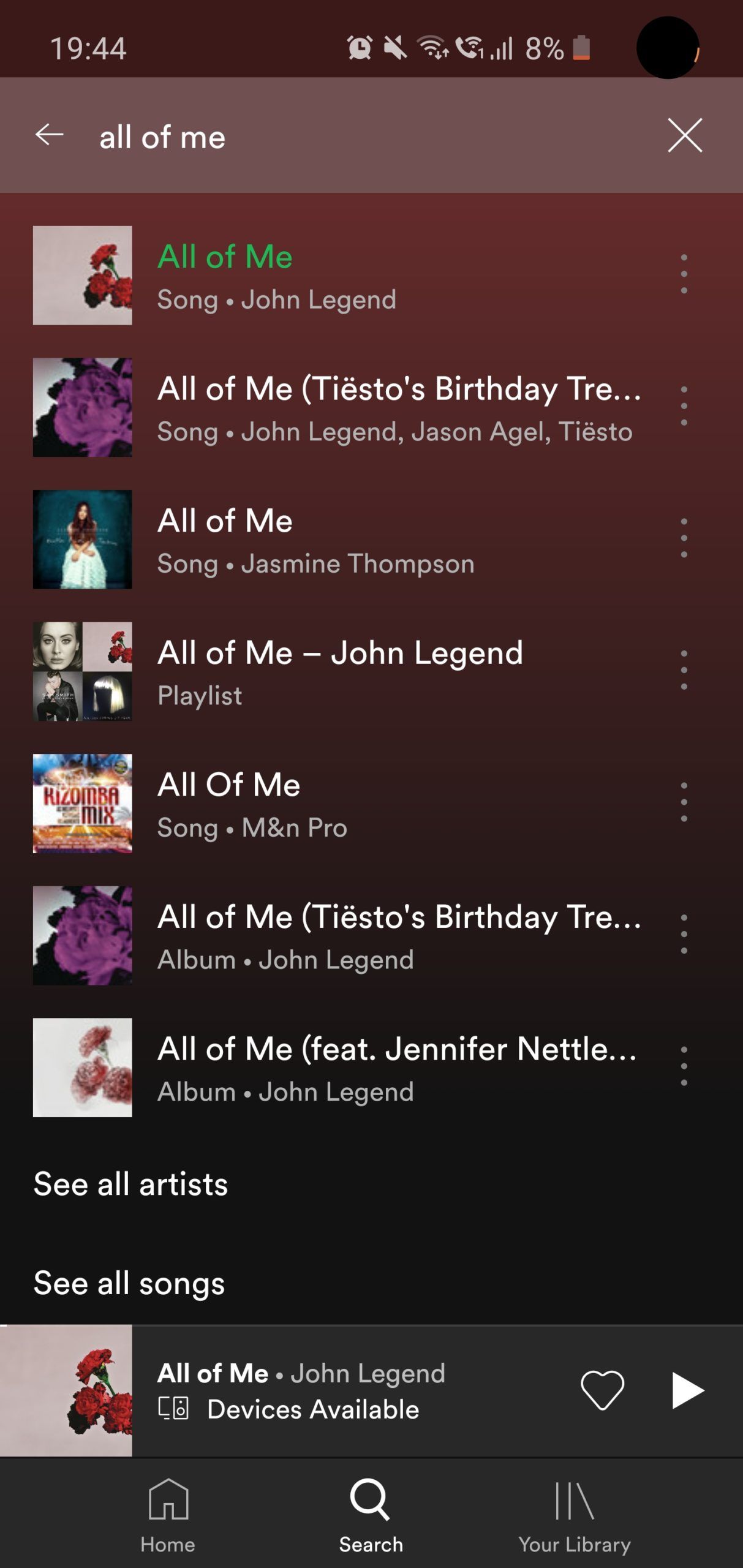 Search results in Spotify