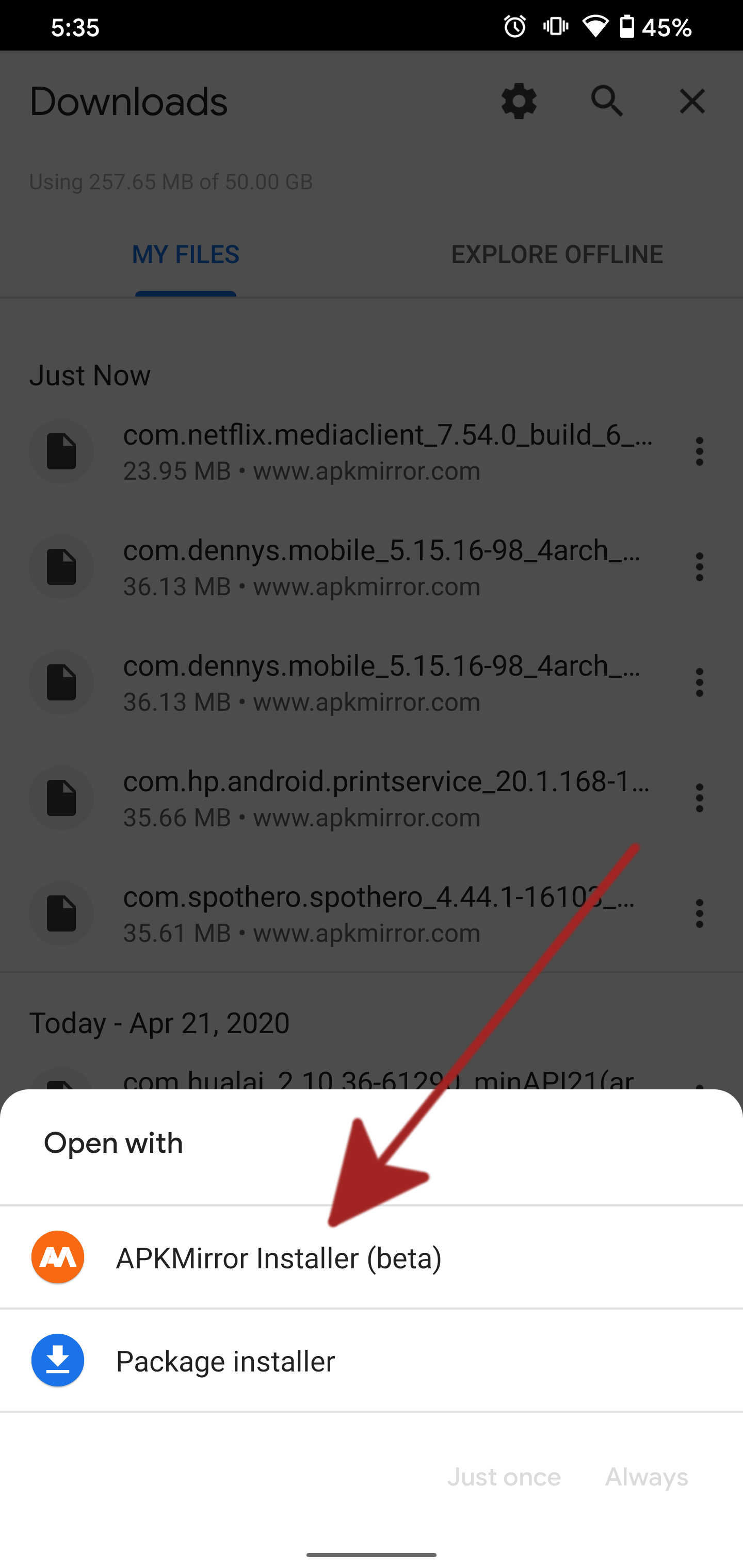 Screenshot of Open with prompt for APK installation, with APK Mirror Installer highlighted