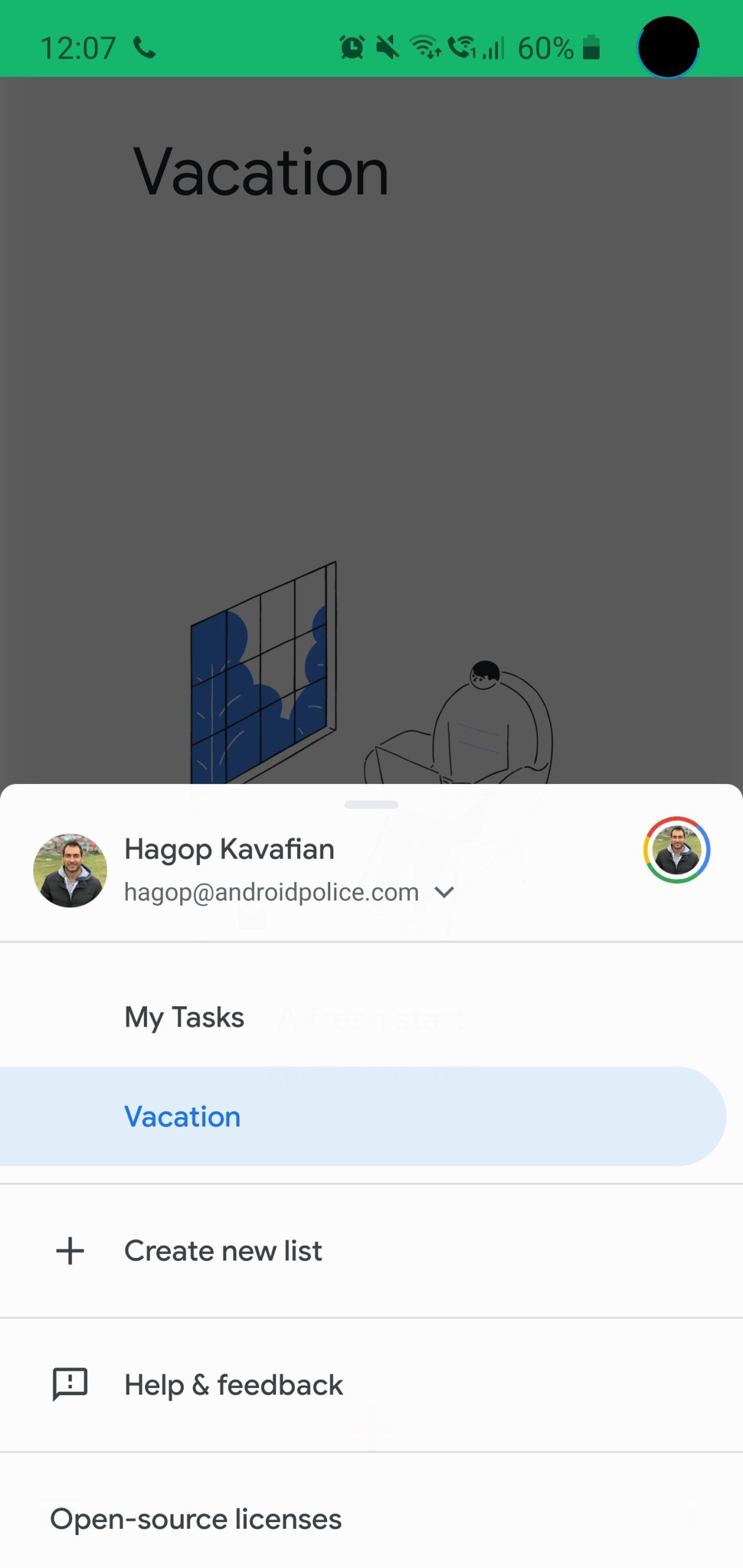 Showing a new task called Vacation in the Google Tasks app