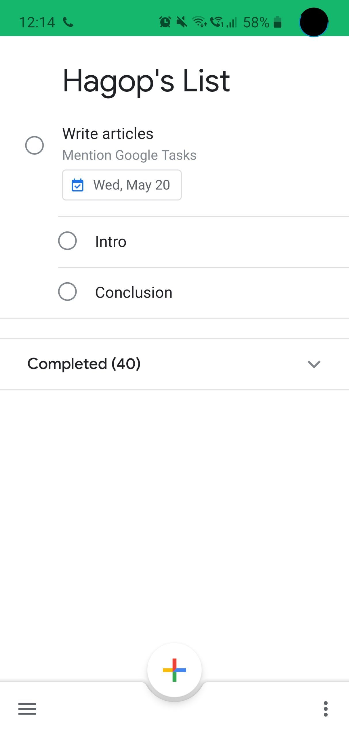 Showing an example list with completed tasks in the Google Tasks app