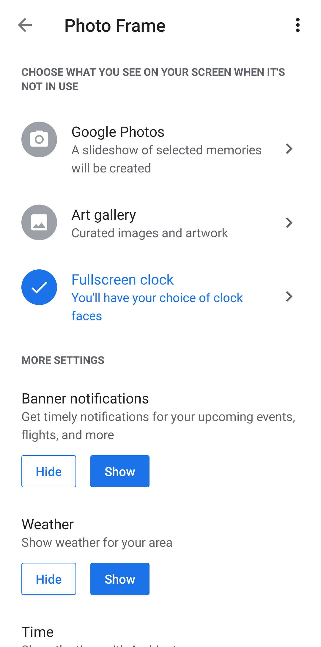 Screenshot shows the Photo Frame settings page in the Google Home app.
